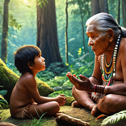 A vibrant illustration depicting an Indigenous elder sharing traditional knowledge with a young child against a backdrop of lush forest. The scene emphasizes intergenerational wisdom transfer, with focus on storytelling and connection to nature.