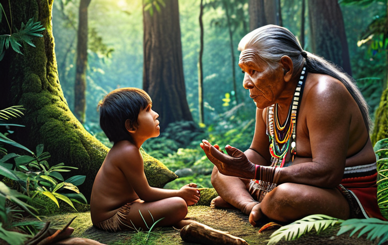 A vibrant illustration depicting an Indigenous elder sharing traditional knowledge with a young child against a backdrop of lush forest. The scene emphasizes intergenerational wisdom transfer, with focus on storytelling and connection to nature.