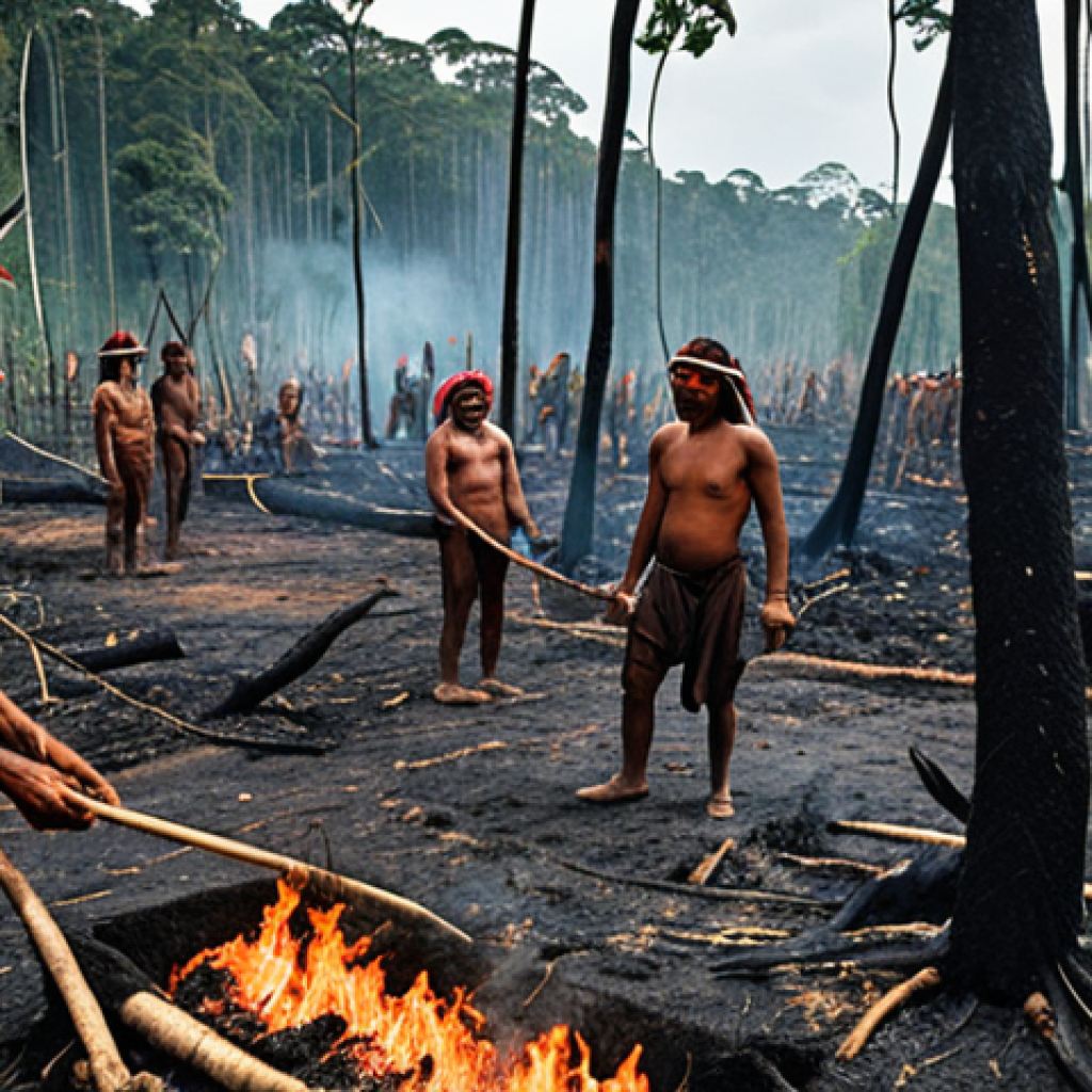 **

A vibrant illustration depicting Indigenous people practicing "slash-and-char" agriculture in the Amazon rainforest. Show healthy crops growing amidst the charred landscape, highlighting the sustainable nature of the technique. Emphasize biodiversity and the contrast with conventional farming.

**