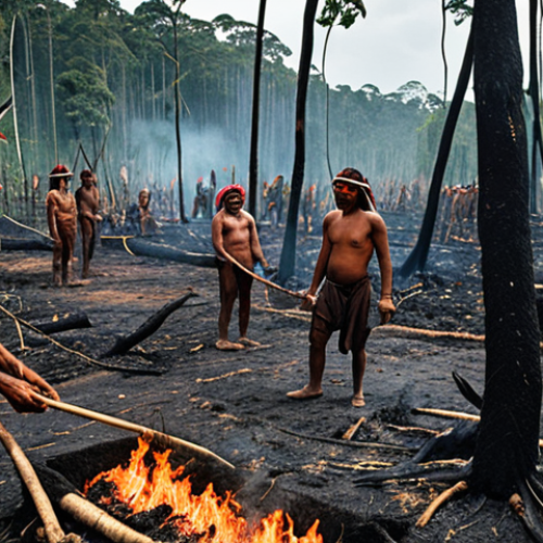 **

A vibrant illustration depicting Indigenous people practicing "slash-and-char" agriculture in the Amazon rainforest. Show healthy crops growing amidst the charred landscape, highlighting the sustainable nature of the technique. Emphasize biodiversity and the contrast with conventional farming.

**