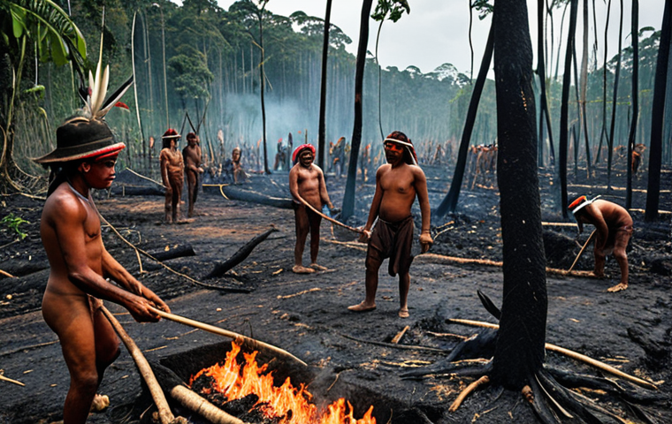 **
A vibrant illustration depicting Indigenous people practicing "slash-and-char" agriculture in the Amazon rainforest. Show healthy crops growing amidst the charred landscape, highlighting the sustainable nature of the technique. Emphasize biodiversity and the contrast with conventional farming.
**